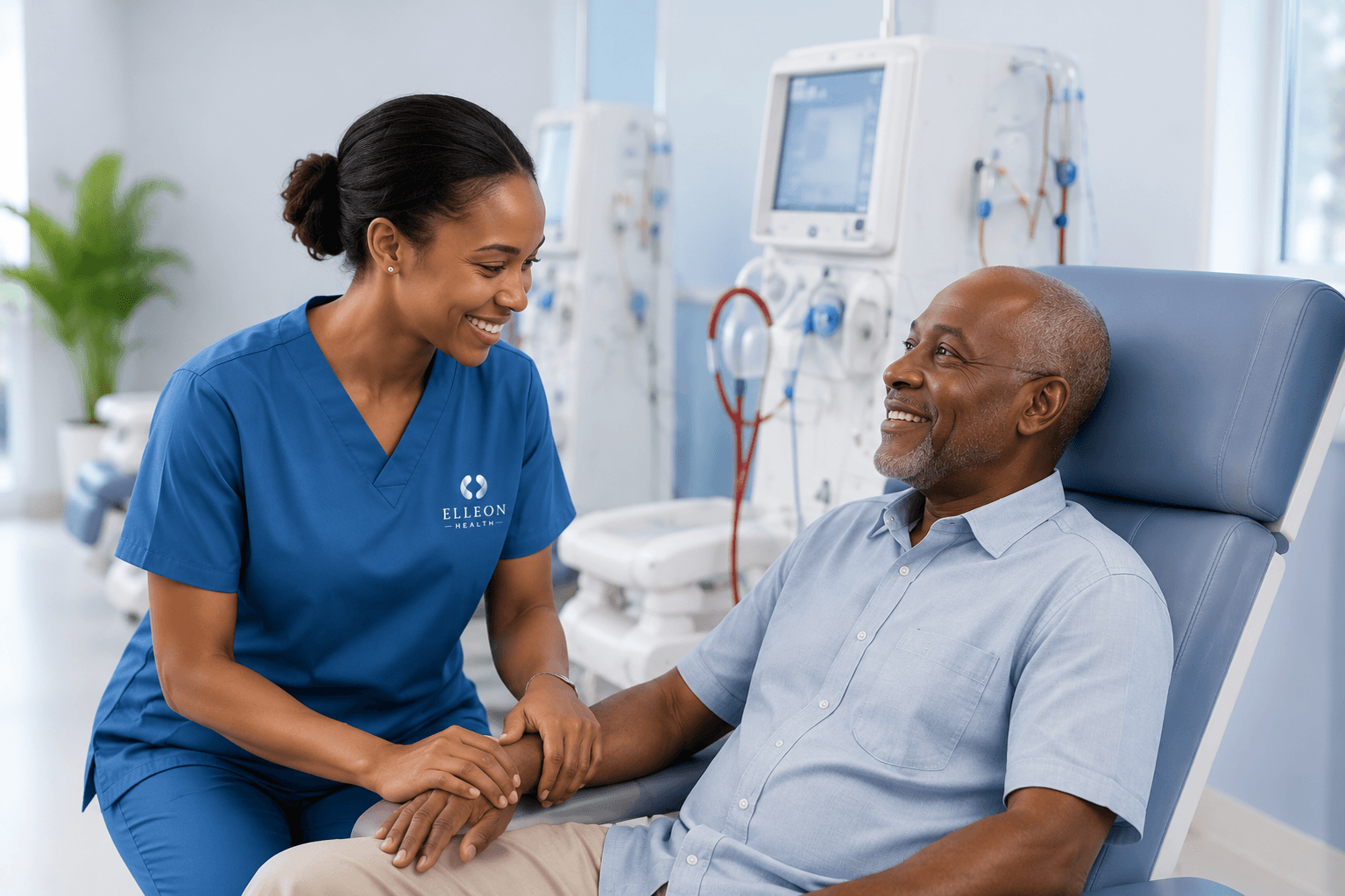 An Elleon Management nurse holding hands with a patient during dialysis treatment